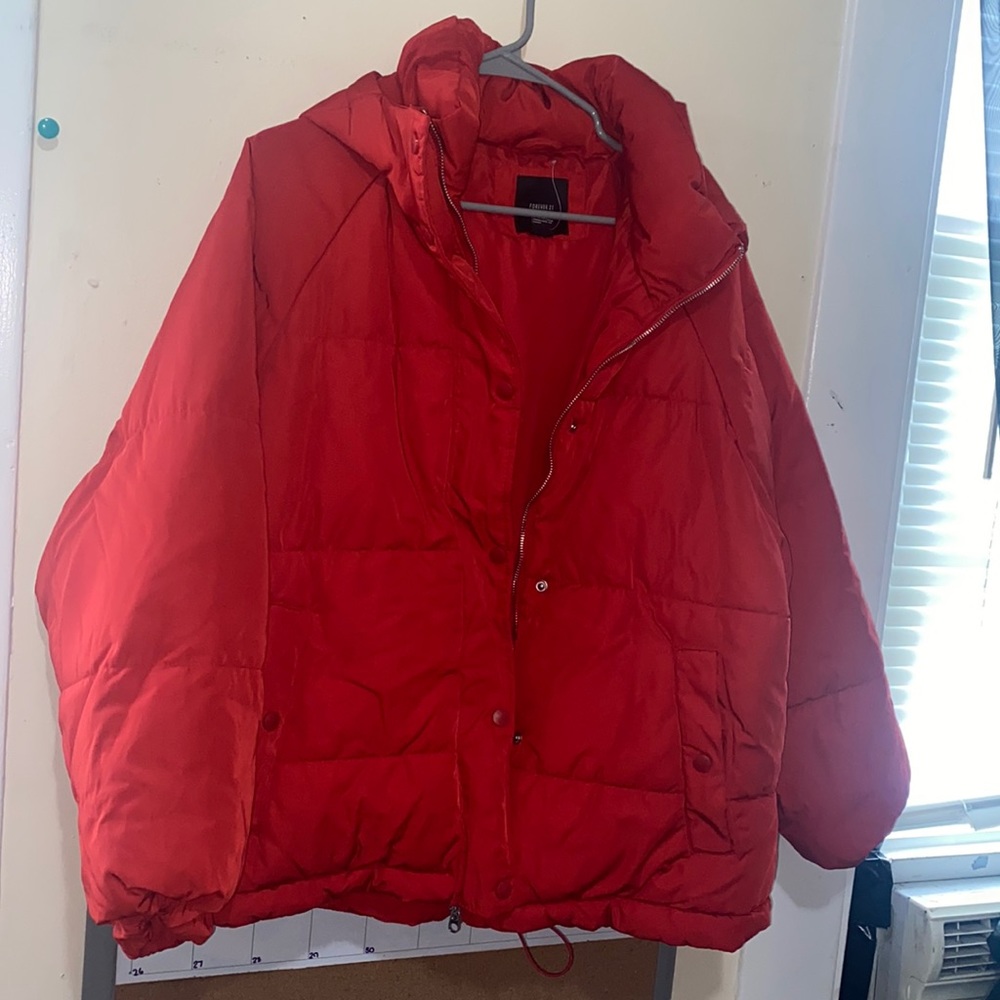 Red puffer jacket